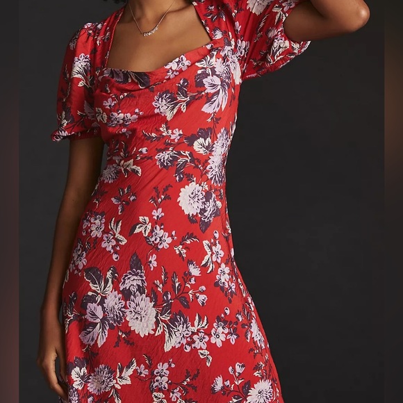 Anthropologie Maeve Red Floral Puff Sleeve Prairie Dress - Picture 13 of 13